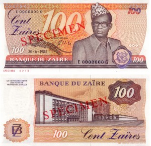 Zair 100 Zaires P-29s Specimen  1985 Stan I Unc