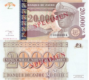 Zair 20 000 Nouveau Zaire P-72s Specimen  1996  Stan I Unc