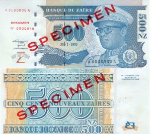 Zair 500 Nouveau Zaire P-65s Specimen 1995  Stan I Unc