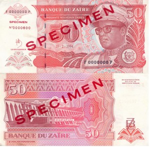 Zair 50 Nouveau Zaire  P-59s Specimen 1994 Stan I- Unc