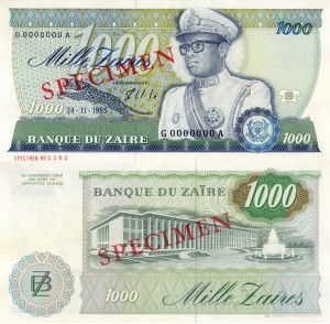 Zair 1000 Zaires P-31 Specimen 1985 Stan I Unc