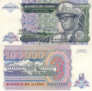 Zair 100 000 Zaires P-41  1992 Stan I Unc