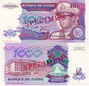 Zair 1000 Zaires P-35s Specimen 1989 Stan I Unc