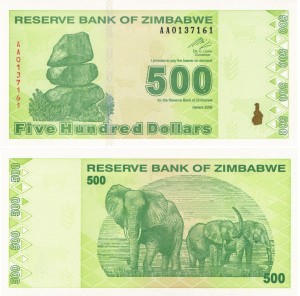 Zimbabwe 500 Dollars P-98 2009 Stan I UNC 