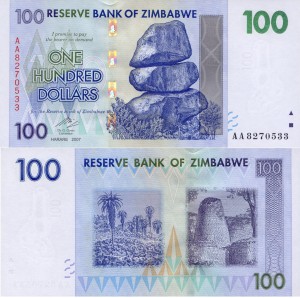 Zimbabwe 100 Dollars P-69 2007 Stan I UNC