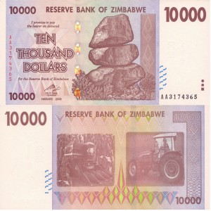 Zimbabwe 10 000 Dollars P-72 Seria AA 2008 Stan I UNC 