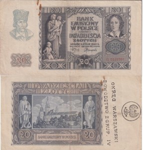 Polska 20 Złotych 1940 (1944) Stan 4