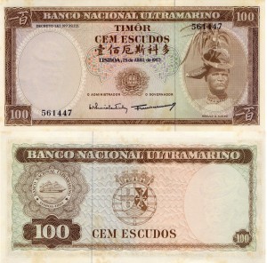 Timor 100 Escudos P-28 1963 UNC yellow spots