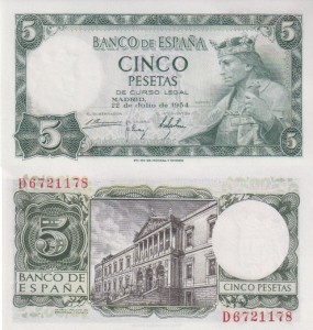 Hiszpania 5 Peset P-146a 1954 Stan I UNC