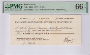 San Marino 150 Lire P-S101 1976  PMG 66