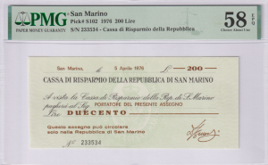 San Marino 200 Lire P-S102 1976 PMG 58