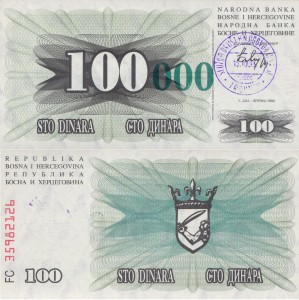 Bośnia i Hercegowina 100 000 Dinara P-56a SARAJEVO 1993 UNC