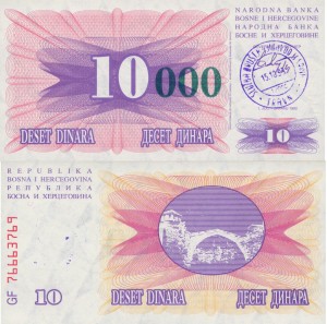 Bośnia i Hercegowina 10 000 Dinara P-53a 1993 UNC