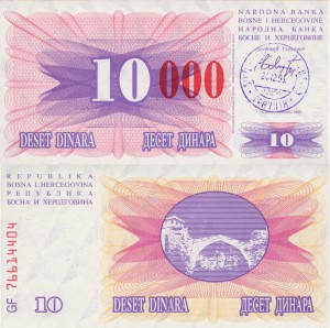 Bośnia i Hercegowina 10 000 Dinara P-53d SARAJEVO 1993 UNC