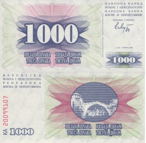 Bośnia i Hercegowina 1000 Dinara P-15 1992 UNC