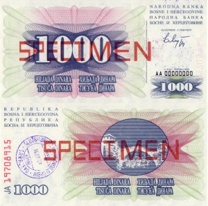 Bośnia i Hercegowina 1000 Dinara P-15s SPECIMEN 1992 UNC