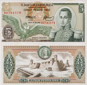 Kolumbia 5  Pesos P-406e 1975 AU-UNC