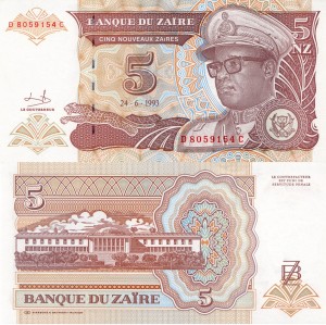 Zair 5 Nouveau Zaire  P-53 1993 Stan I Unc