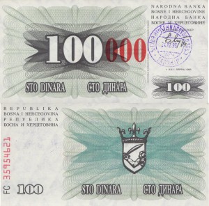Bośnia i Hercegowina 100 000 Dinara P-56d TRAVNIK  1993 UNC