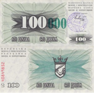 Bośnia i Hercegowina 100 000 Dinara P-56c TRAVNIK  1993 UNC