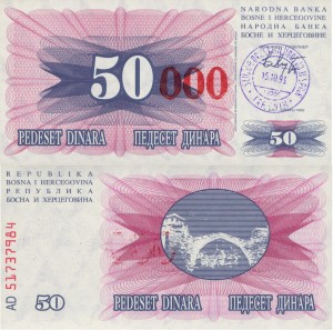 Bośnia i Hercegowina 50 000 Dinara P-55b SARAJEVO 1993 UNC