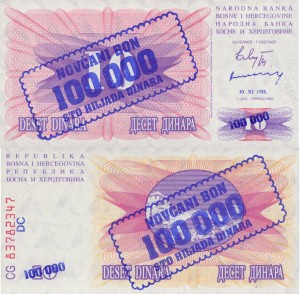 Bośnia i Hercegowina 100 000 Dinara P-34b 10.XI.1993 UNC