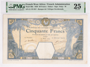 Francuska Afryka Zachodnia 20 Franków P-9Bc 1929 PMG 25