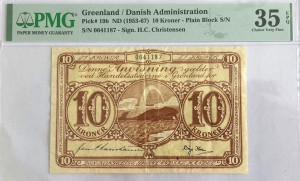 Grenlandia 10 Kroner P-19b 1953-67 PMG35