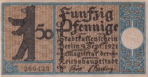 Berlin 50 Pf G-92.18 9.09.1921 AU UNC Weissensee