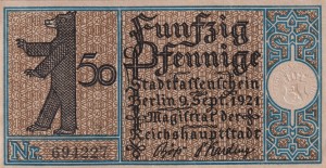 Berlin 50 Pf G-92.20 9.09.1921 aUNC Reinickendorf