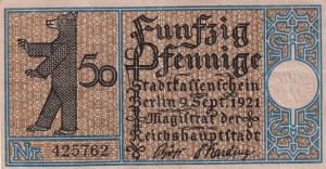 Berlin 50 Pf G-92.5 9.09.1921 XF Friedrichshain