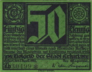 Erfurt 50 Pf G-344.3 7.4.1921 XF Th grun