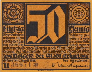 Erfurt 50 Pf G-344.3 7.4.1921 aUNC U orange