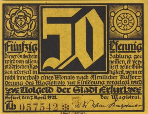 Erfurt 50 Pf G-344.4 7.4.1921 aUNC Th gelb