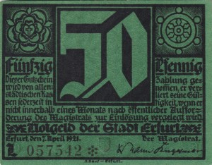 Erfurt 50 Pf G-344.4 7.4.1921 aUNC L grun