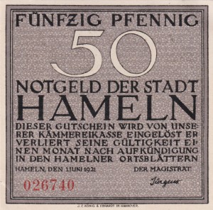 Hameln 50 Pf G-566.1a 1.6.1921 AU/UNC
