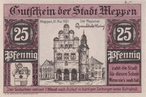 Meppen 25 Pf G-883 31.1.1921 AU/UNC