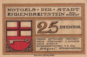 Ehrenbreitstein 25 Pf G-311.1 3.8.1921 XF