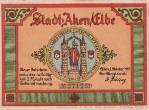 Aken 50 Pf G-8 10.1921 XF 4. Dass der Biber