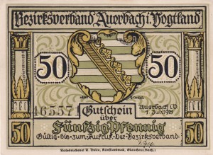 Auerbach 50 Pf G-53 1.7.1921 AU/UNC Nr 1