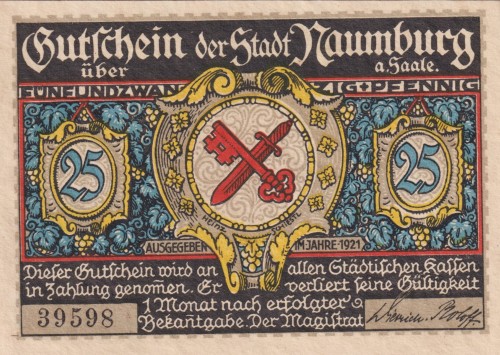 Naumburg 25 Pf G-928.7.3 1921 aUNC 3. Wenzelsthor A.jpg