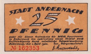 Andernach 25 Pf G-32.1a 1.4.1920 AU/UNC