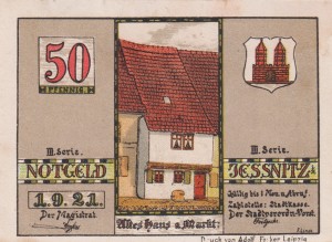 Jessnitz 50 Pf G-659.4.2 1.9.1921 AU/UNC Rathaus II