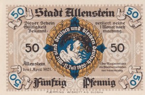 Allenstein (Olsztyn) 50 Pf G-13.1a 1.4.1921 UNC Rs. Rathaus