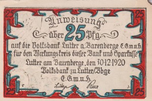 Lutter am Barenberge 25 Pf  G-847.1 30.12.1920 VF