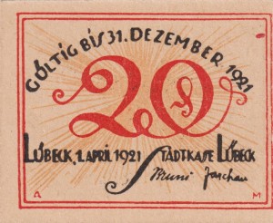 Lubeck 20 Pf G-831.1a 1.4.1921 aUNC Bilder: IV