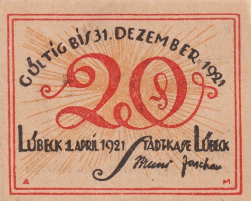 Lubeck 20 Pf G-831.1a 1.4.1921 aUNC Bilder V A.jpg