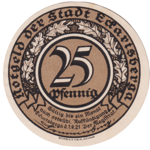 Eckartsberga Thur 25 Pf  G-305.4.4 1.9.1921 AU/UNC Land des Rechtes