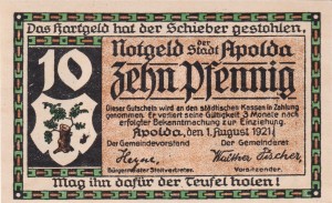 Apolda 10 Pf G-36.1.2 1.8.1921 aUNC  2. Strickjacken