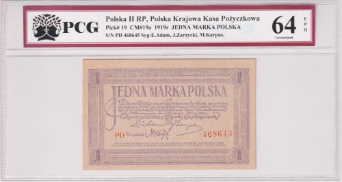 Polska II RP Jedna Marka Polska (1Mk ) CM 19a Pick 19 1919 PCG 64 A.jpg